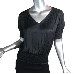 Catherine Melandrino Women's Small Black Satin Blouse Plisse V Neck Elastic Wais